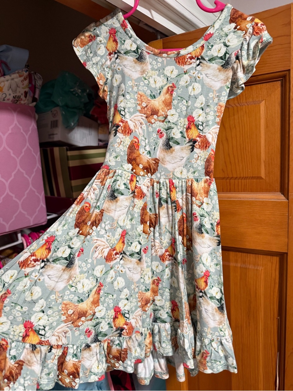 Posh Peanut Mint Green Chicken Print Twirl Dress with Brown Roosters